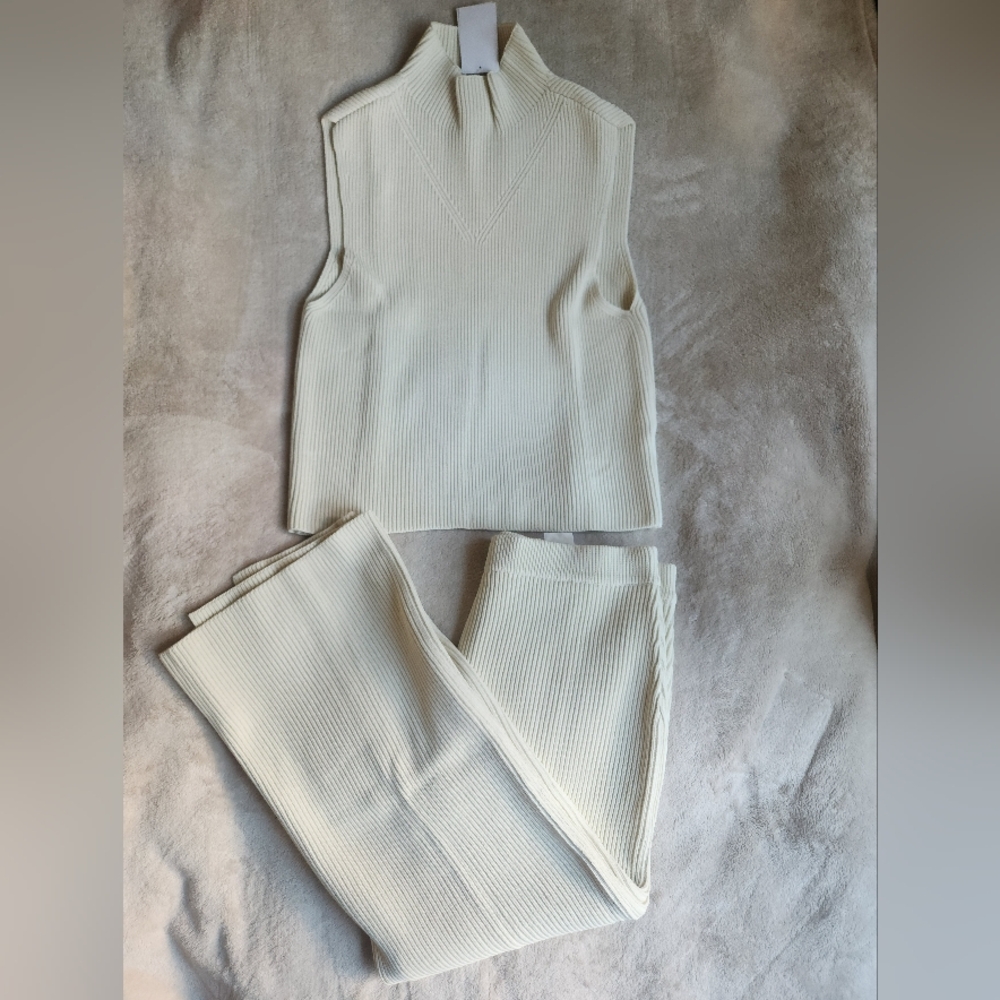 H&M co-or ord Set KNIT-RIB Sleeveless Top & Pencil maxi Skirt Cream Sz L, XL NWT - Picture 2 of 16
